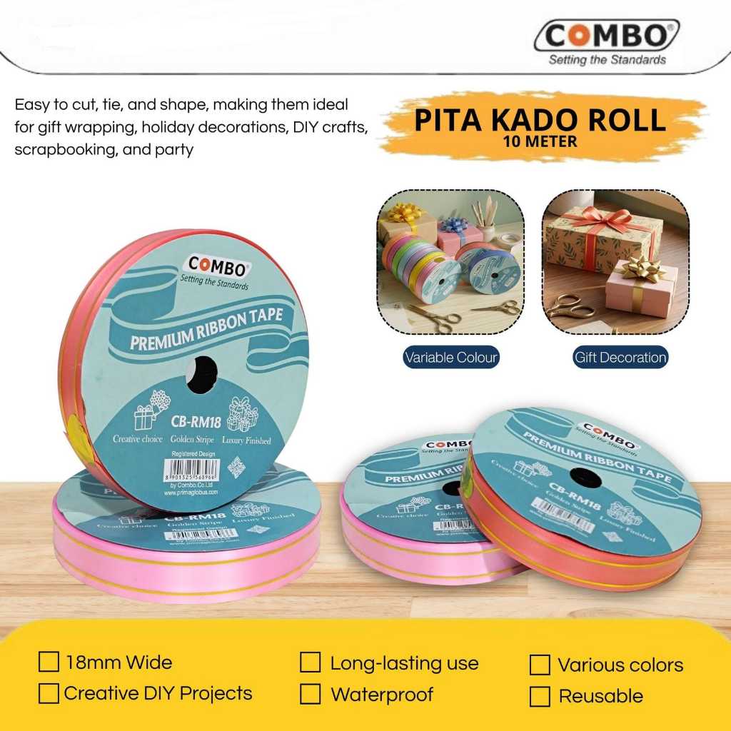 Pita Roll 18mm / Pita Kado Roll / Premium Ribbon Tape Golde Stripe / Pita Jepang Plastik 10 Meter