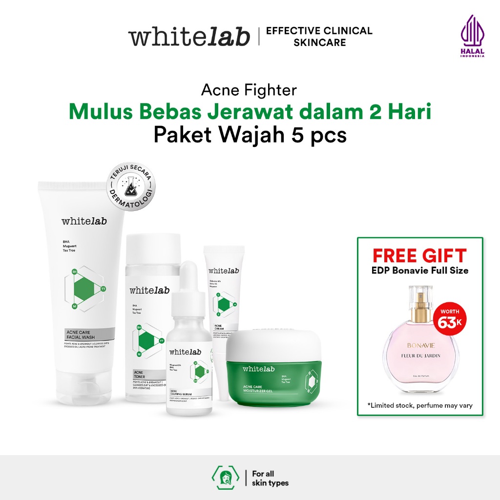 Whitelab 5 pcs Paket Acne Lengkap - Facial Wash, Toner, Serum, Moisturizer, Acne Cream Paket Skincar