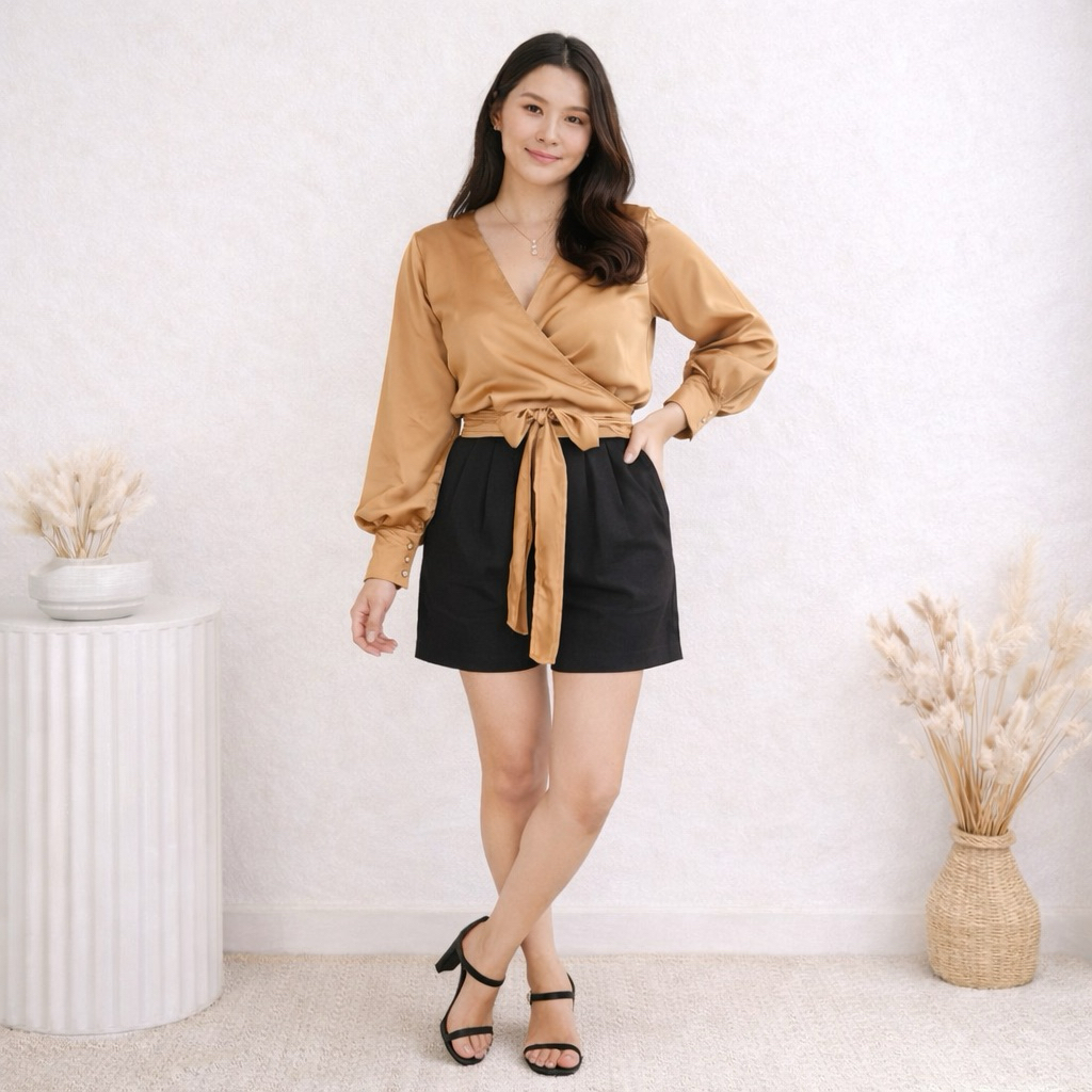 Present21 - blouse bahan satin tangan balon