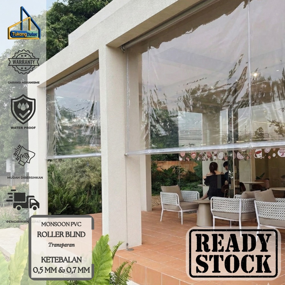 Roller Blind Monsoon 0.7mm Outdoor Curtain Tebal Tirai Plastik Bening Transparan Gulung Sekat Balkon