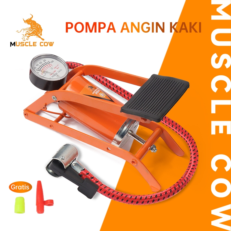 MUSCLE COW Pompa Angin Kaki dengan Manometer, Pompa Ban Sepeda/Motor/Mobil, Selang & Nozzle, Termasu