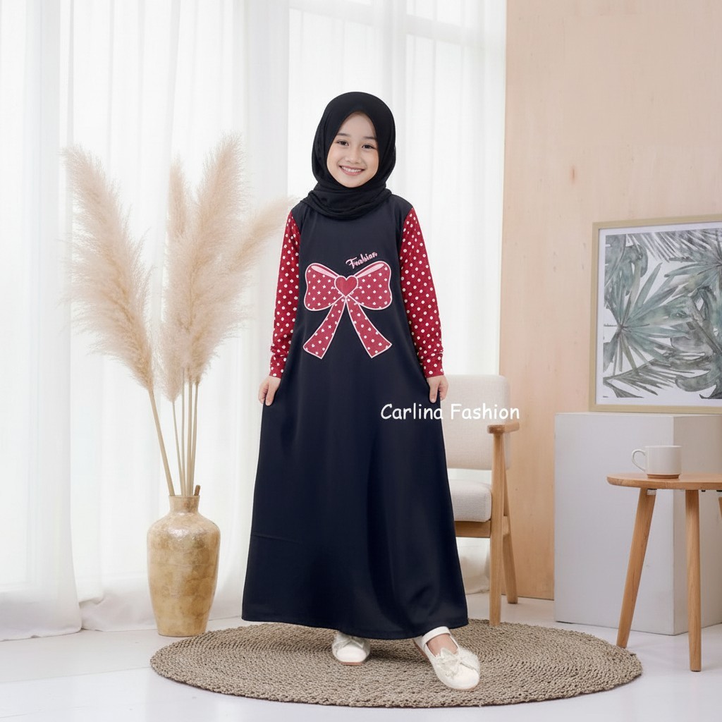 CARLINA Gamis Anak Perempuan Pita Fashion Kombinasi Pokadot Dress Daily 2-13 Tahun Maxy