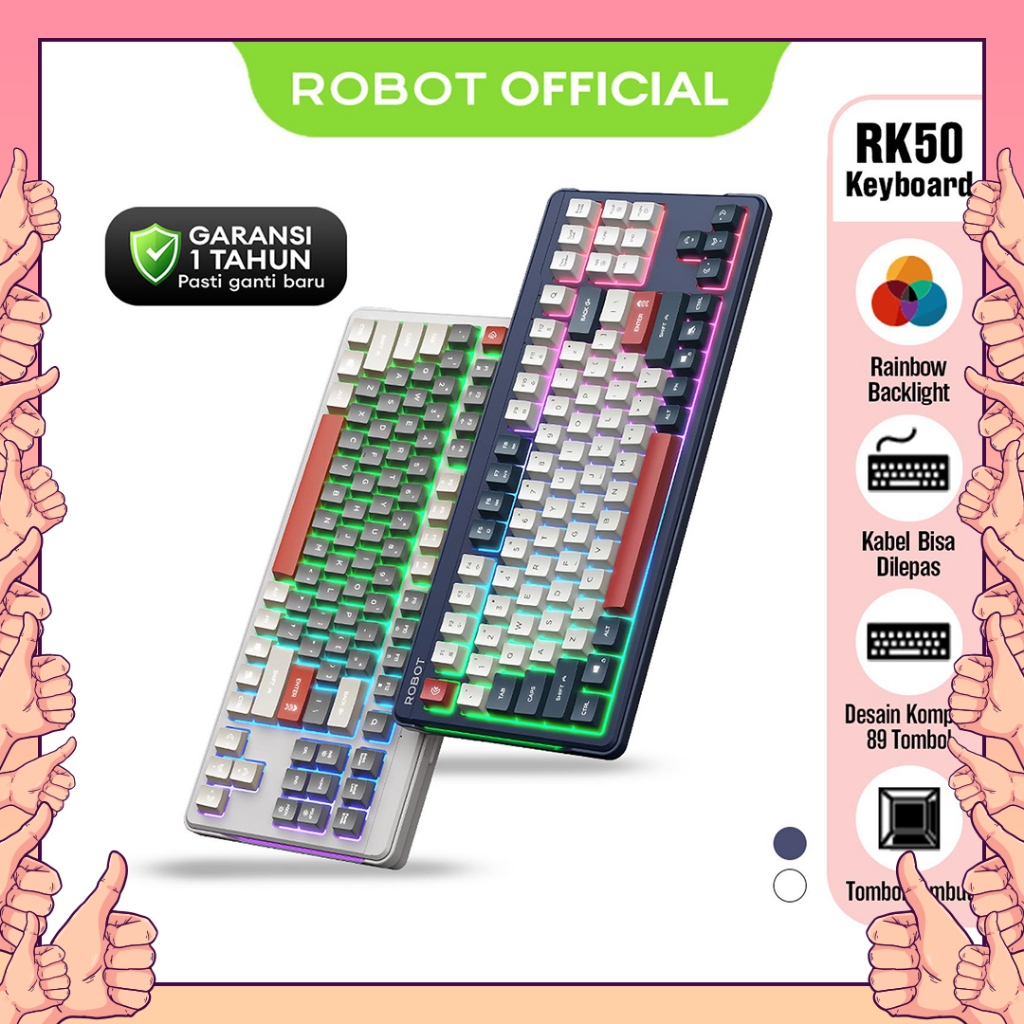ROBOT RK50 Wired Keyboard Kabel Rainbow Backlight Type-C 89 Tombol Kompak Lembut Senyap Ergonomic De