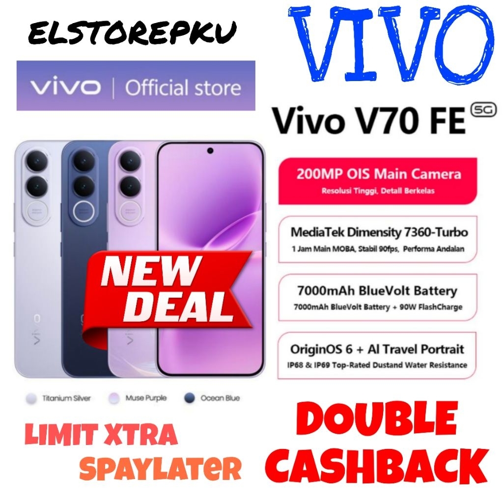 Vivo V70 FE 5G 12/256 Cam 200MP OIS battery 7000mAh Dimensity 7360 Turbo 90Watt UFS 3.1 IP68 IP69