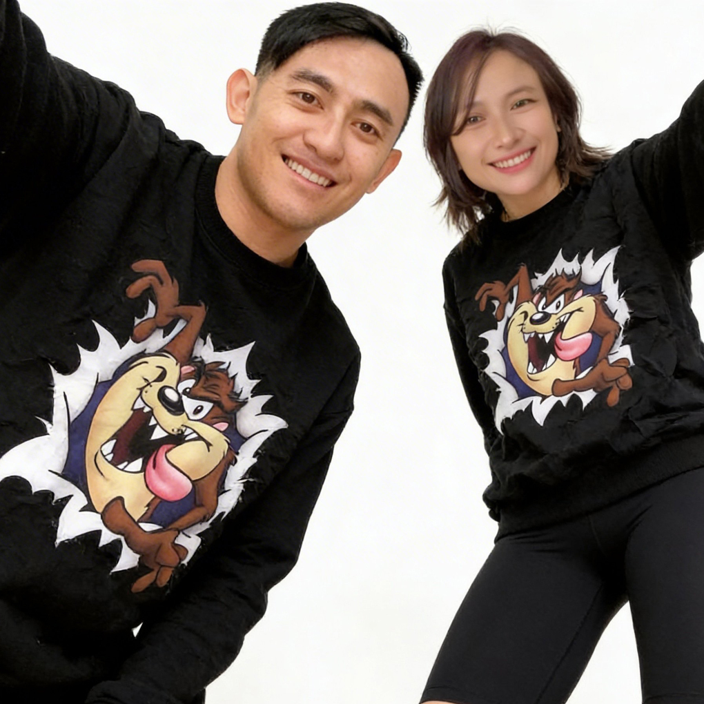 Crewneck Tazmania Sweater Casual Unisex Bahan Cotton Fleece