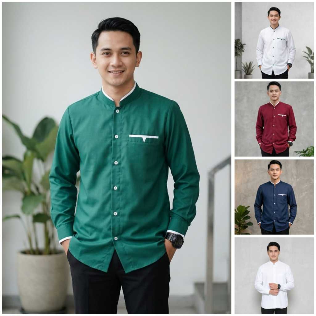 Kemeja Koko Hijau Botol Bahan Katun Baju Muslim Pria Baju Koko Lengan Panjang Lis Saku Kerah Tangan