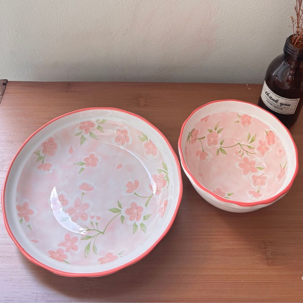 Set Piring & Mangkok Motif Bunga Pink | Piring 18 cm Mangkok 11 cm