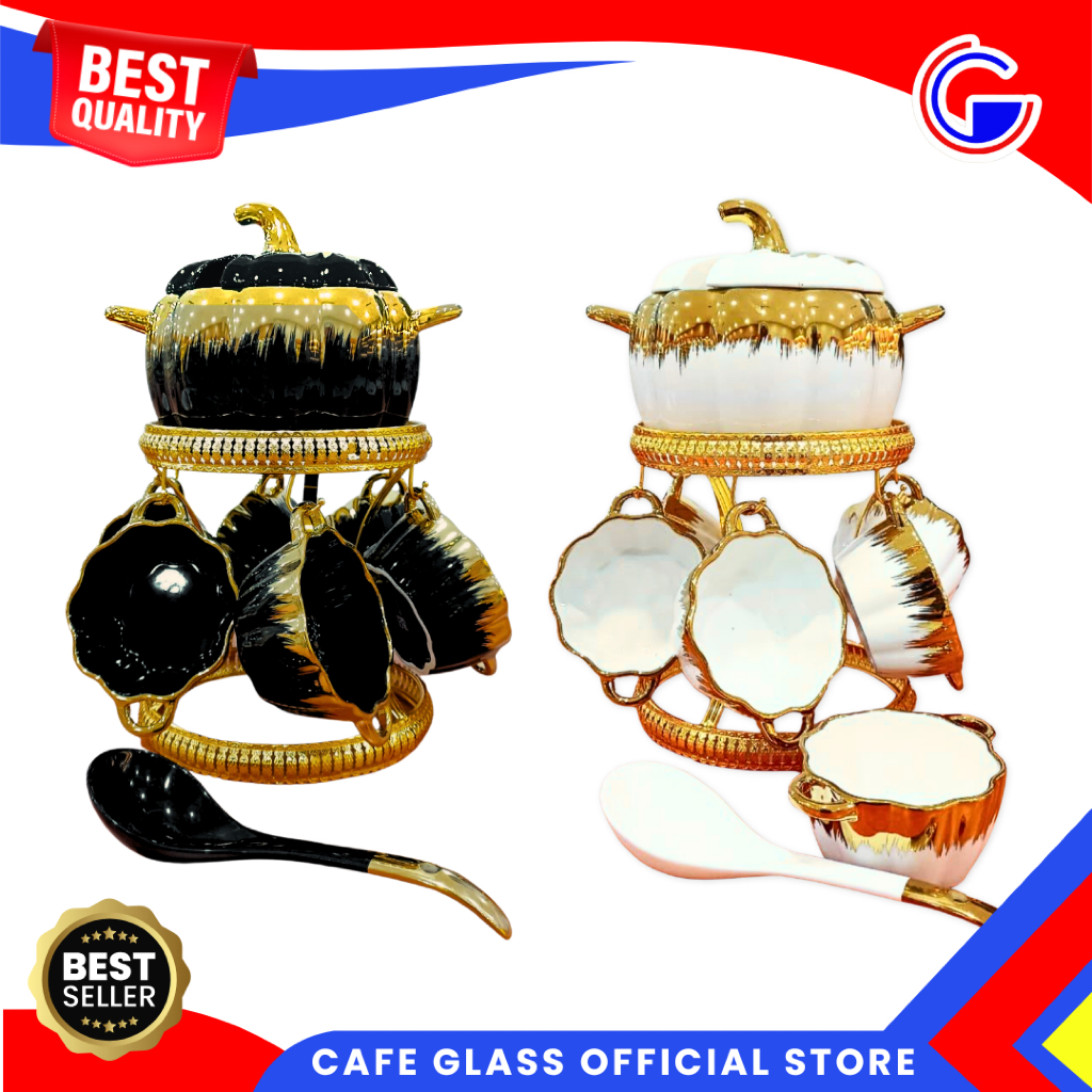 Homeline Pumpkin Panci Kuah - 6 Mangkok Sup 1 Wadah Saji Tutup Kaca 1 Eros 1 Rak Besi - Prasmanan Se