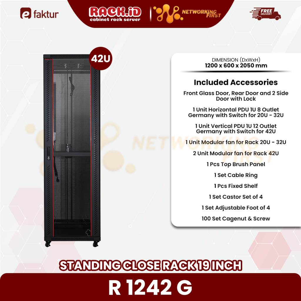 Close Rack 42U Rak Server 42U Depth 1200mm Glass Door RACKID R1242G
