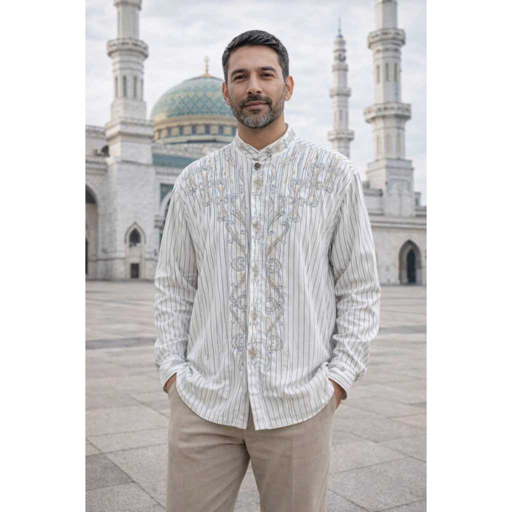 Kemeja Koko Pria Muslim Bahan Satin Licin Bordir Ukuran XL warna Putih - Katun