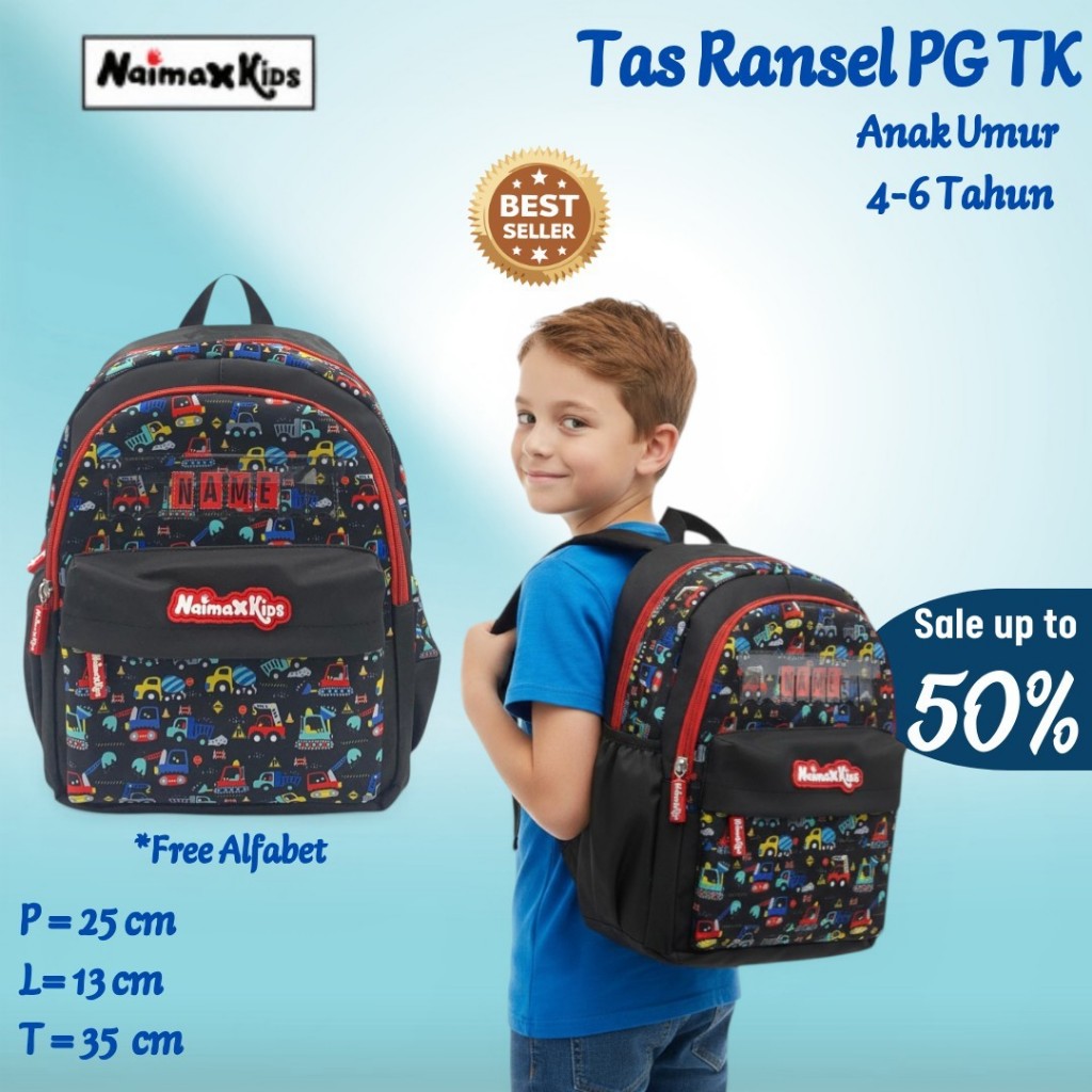 Naimax Kids Tas Sekolah Anak Laki-laki PG TK Medium Karakter Excavator | Tas Anak Cowok Motif Mobil 