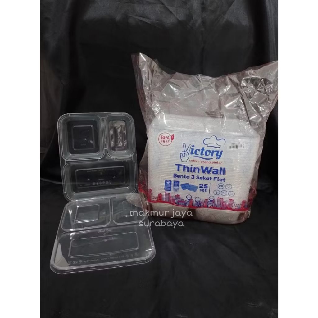 (25 pcs) Thinwall Bento Victory S3 Tutup Flat Datar/Thinwall Bento Sekat 3 Tutup Flat Datar/Lunch bo