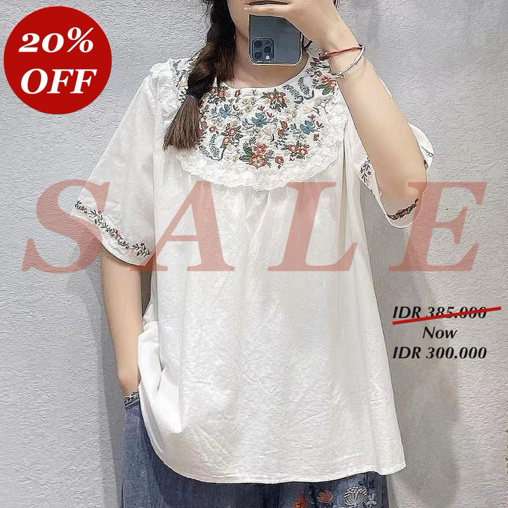 BLUS KATUN LINEN PUTIH OVERSIZED DADA LENGAN BORDIR BUNGA IMPORT ~ Minor Defect SALE