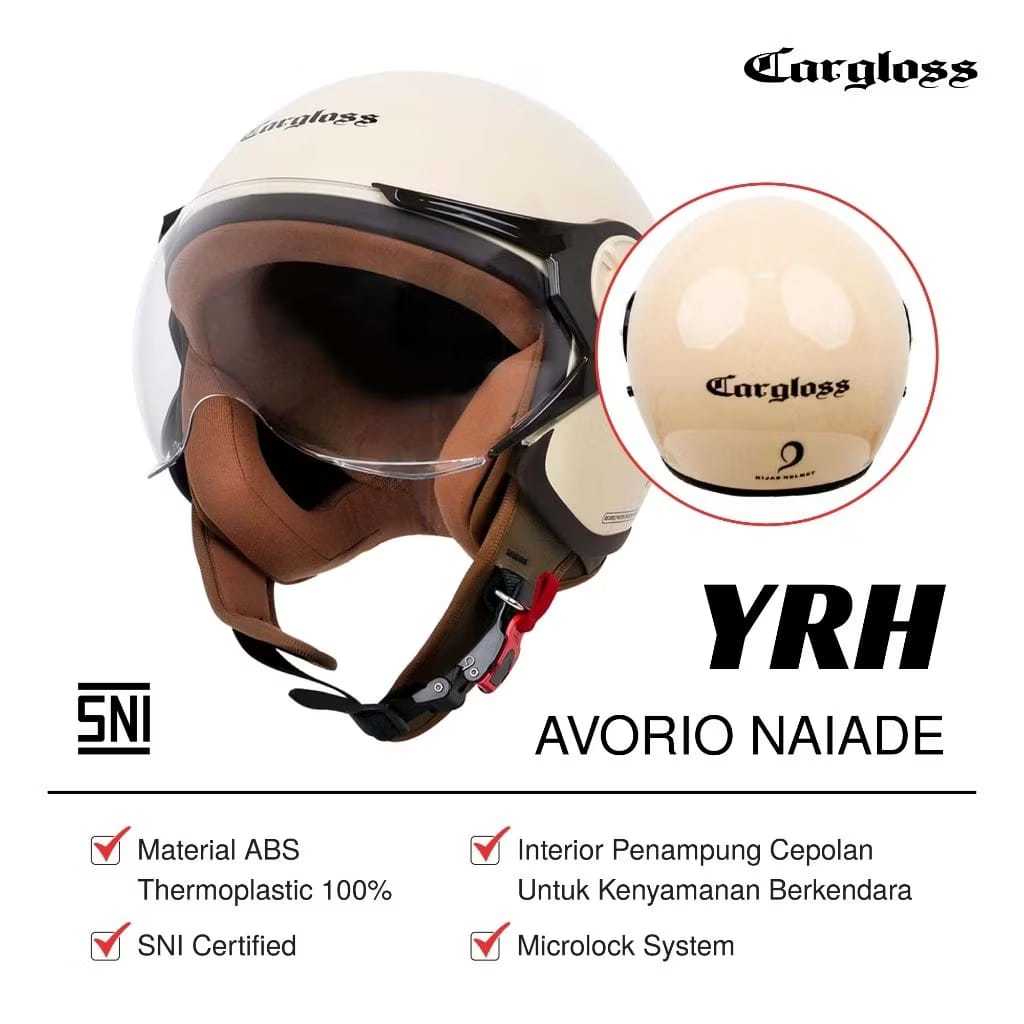 Cargloss YRH Hijab Retro Helm Half Face - White - BLACK - CREAM PAKING CEPAT