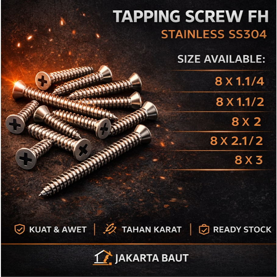FAB 8X 3 Tapping Screw FH 8 X  3 Skrup Kepala Rata Stainless SS304