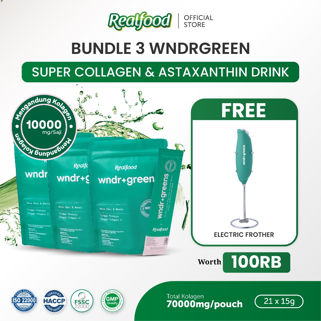 Realfood WNDR Greens Triple Pouch | Super Green Super Collagen Drink | Collagen 10000mg | Bird's Nes