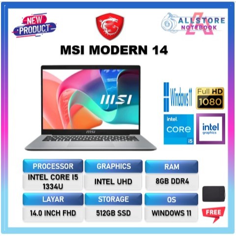 Laptop MSI MODERN 14 I5 1334 8GB 512GB Windows 11 14.0FHD Backlit