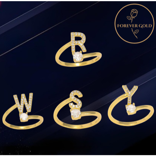 Cincin Wanita Emas 24K dengan 26 Huruf dan Berlian - Desain Elegan, Cocok untuk Dipakai Sehari-hari 
