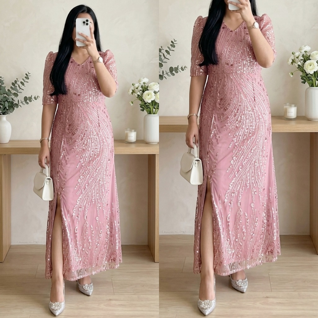 Longdress Payet Belah Samping Standar-Jumbo Baju Pesta Natal Wanita Slim 2230 3