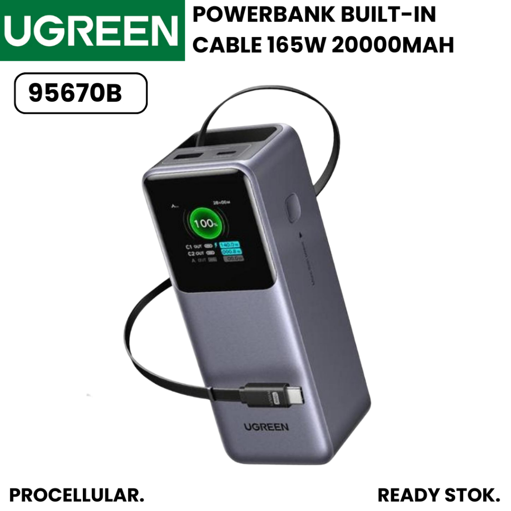 Ugreen Power Bank 165W 20000mAh Built in Cable Retractable Type C 95670B