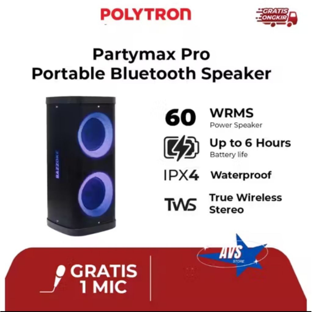 POLYTRON PARTY MAX PPSPRO7M22, SPEAKER BLUETOOTH PORTABEL WIRELESS KARAOKE