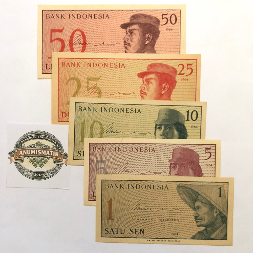 Uang Kertas Kuno 1 - 50 Sen Rupiah Tahun 1964 Seri Dwikora Lengkap Kondisi UNC - Aunc Original Kolek