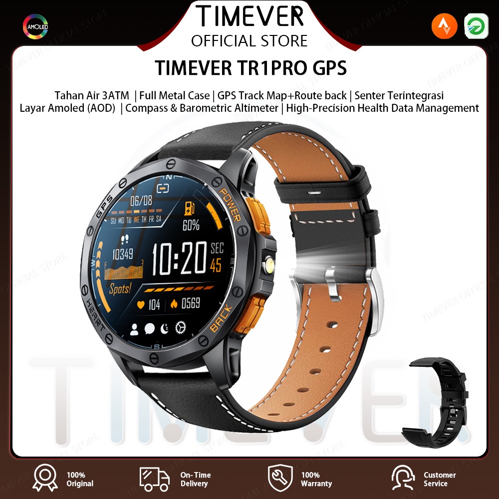 TIMEVER TR1PRO GPS Track Map AOD smartwatch lampu senter jam tangan pintar tahan air 3ATM jam tangan