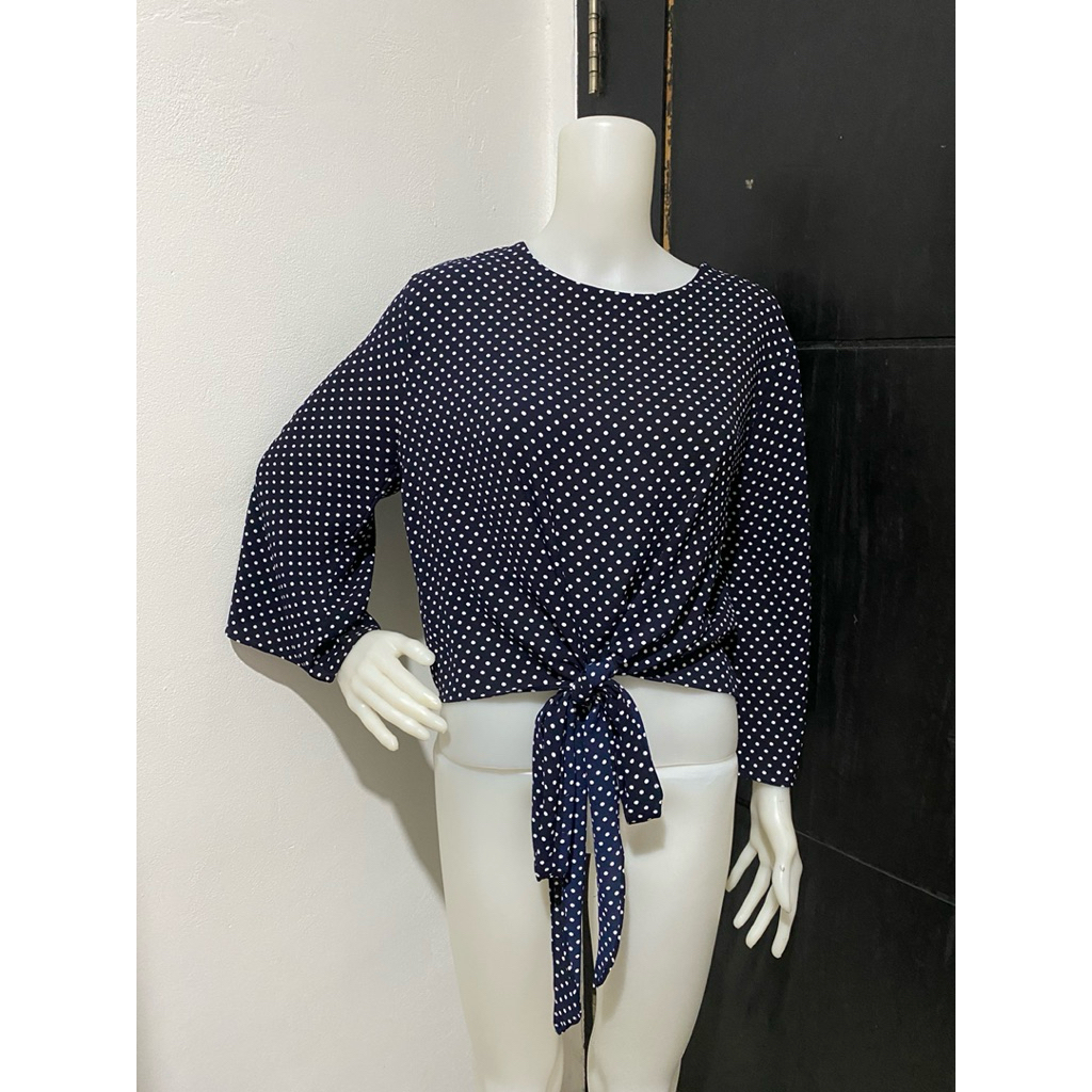 KOLPRI - ADA WOMAN Blouse polkadots navy lengan panjang wrap tali