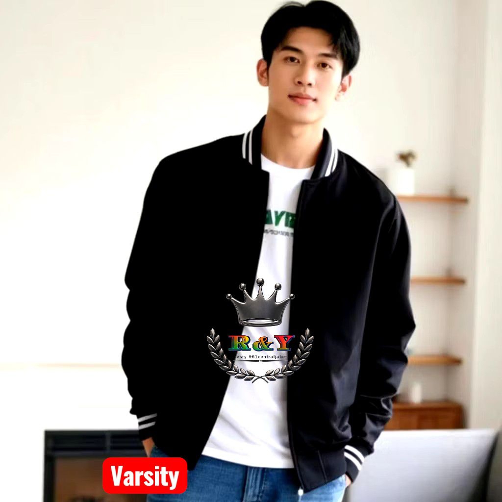 Jaket Baseball Zipper Kerah Jaket Bomber Varsity Bahan Flecee Varsity Unisex Premium
