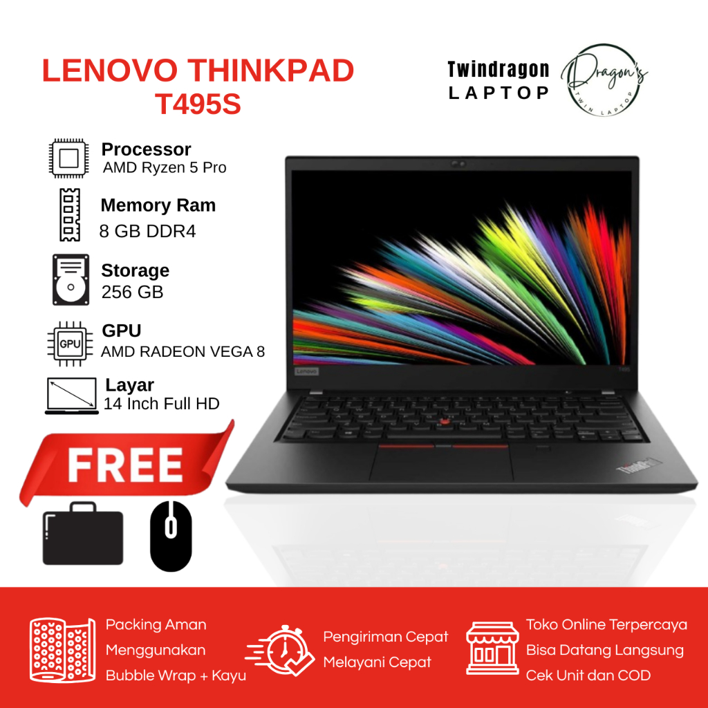 Laptop Lenovo Thinkpad Ryzen 5 Pro 3500U T495s | Laptop Second Murah Original | Laptop Mulus Bergara