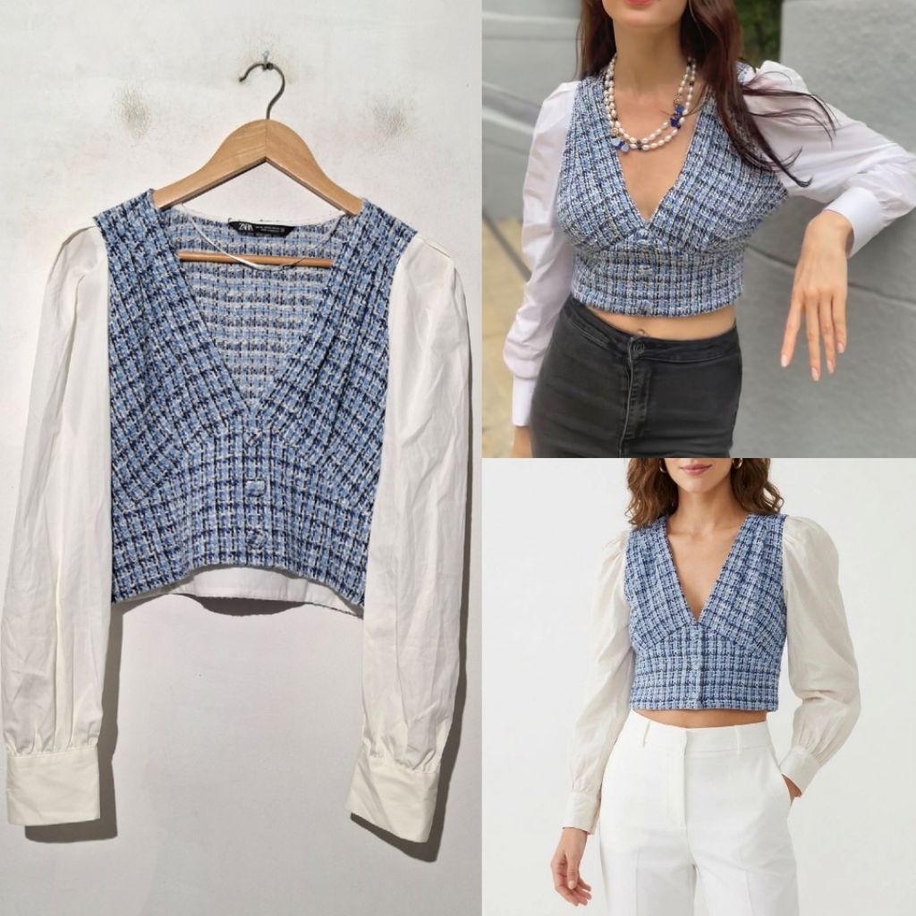 ZARA TOP BLOUSE SHIRT TWEED BLUE BARU ASLI ORIGINAL