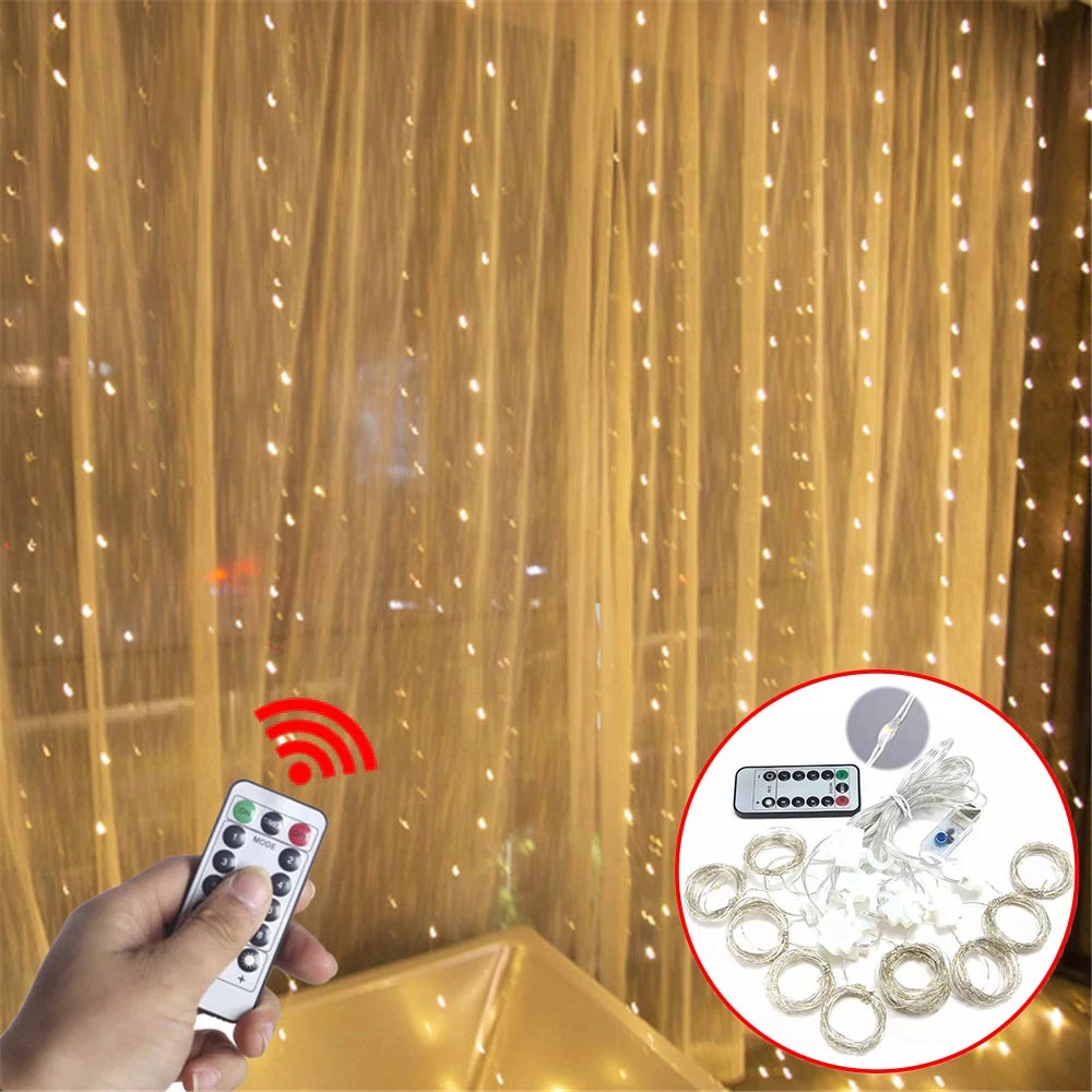 Lampu Tirai Putih LED String Fairy Light Lampu Hias Gantung Bintang & Air Terjun 3×3meter LED / Lamp