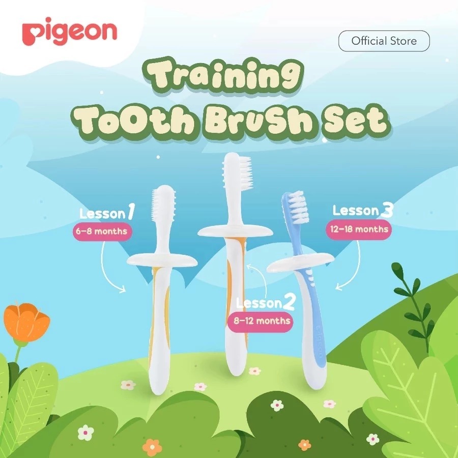 Pigeon Baby Training Toothbrush Set Lesson 123 – Set Sikat Gigi Bayi Tahap 1, 2, 3 | Baby Toothbrush