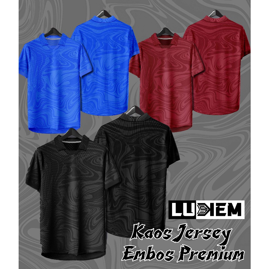 Kaos Baju Embos Bahan Kain Jersey Dryfit Kerah Wangky Pria warna hitam merah maroon dan biru