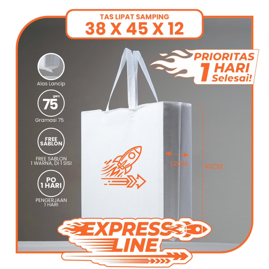 TAS SPUNBOND LIPAT SAMPING 38X45 SABLON COSTOM 1 HARI KERJA JADI  (EXPRESS LINE) UNTUK TAS SOUVENIR,