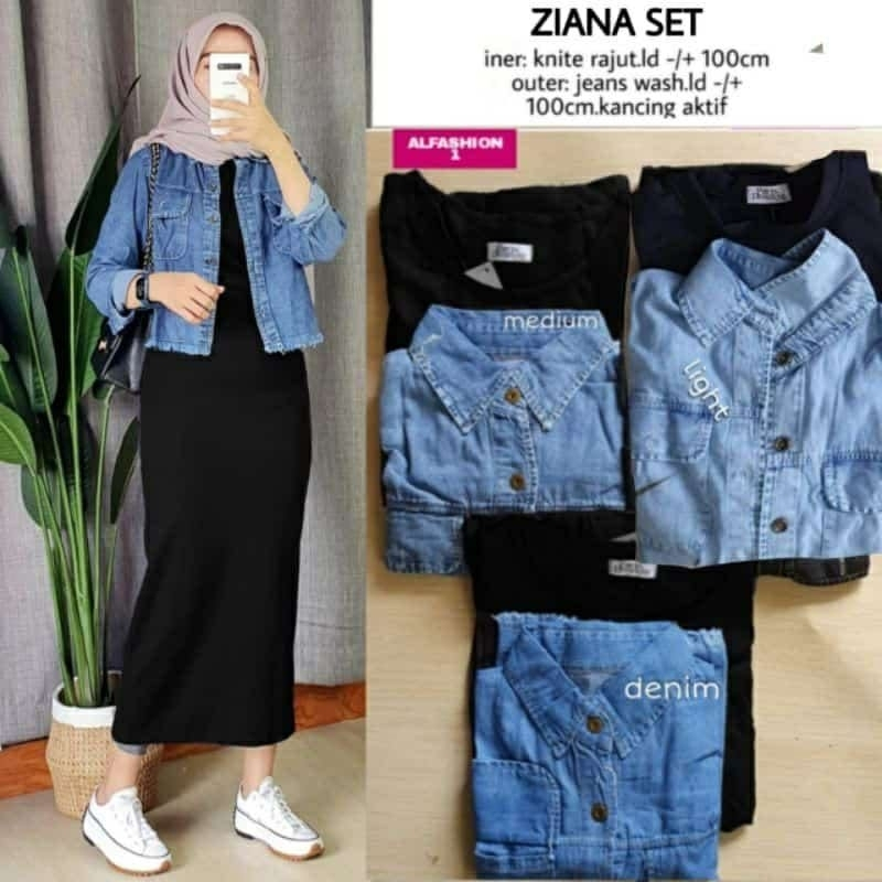 RNA SETELAN WANITA INNER DRESS RAJUT MIX JAKET JEANS oneset jaket dan iner satu set biru hitam ootd