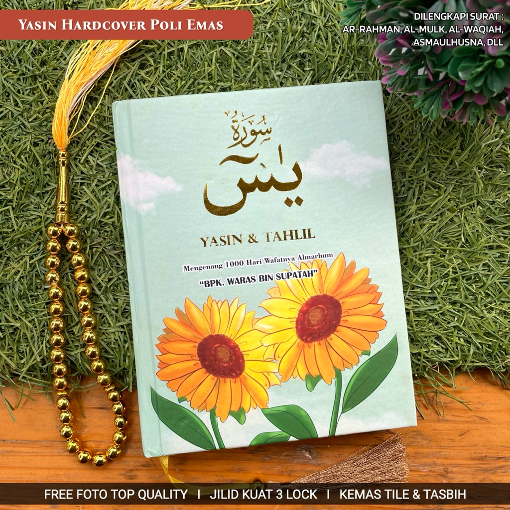 Buku Yasin Hardcover Bunga Matahari Custom Foto & Nama Poli Lafadz Gold, Kemas Tile & Tasbih