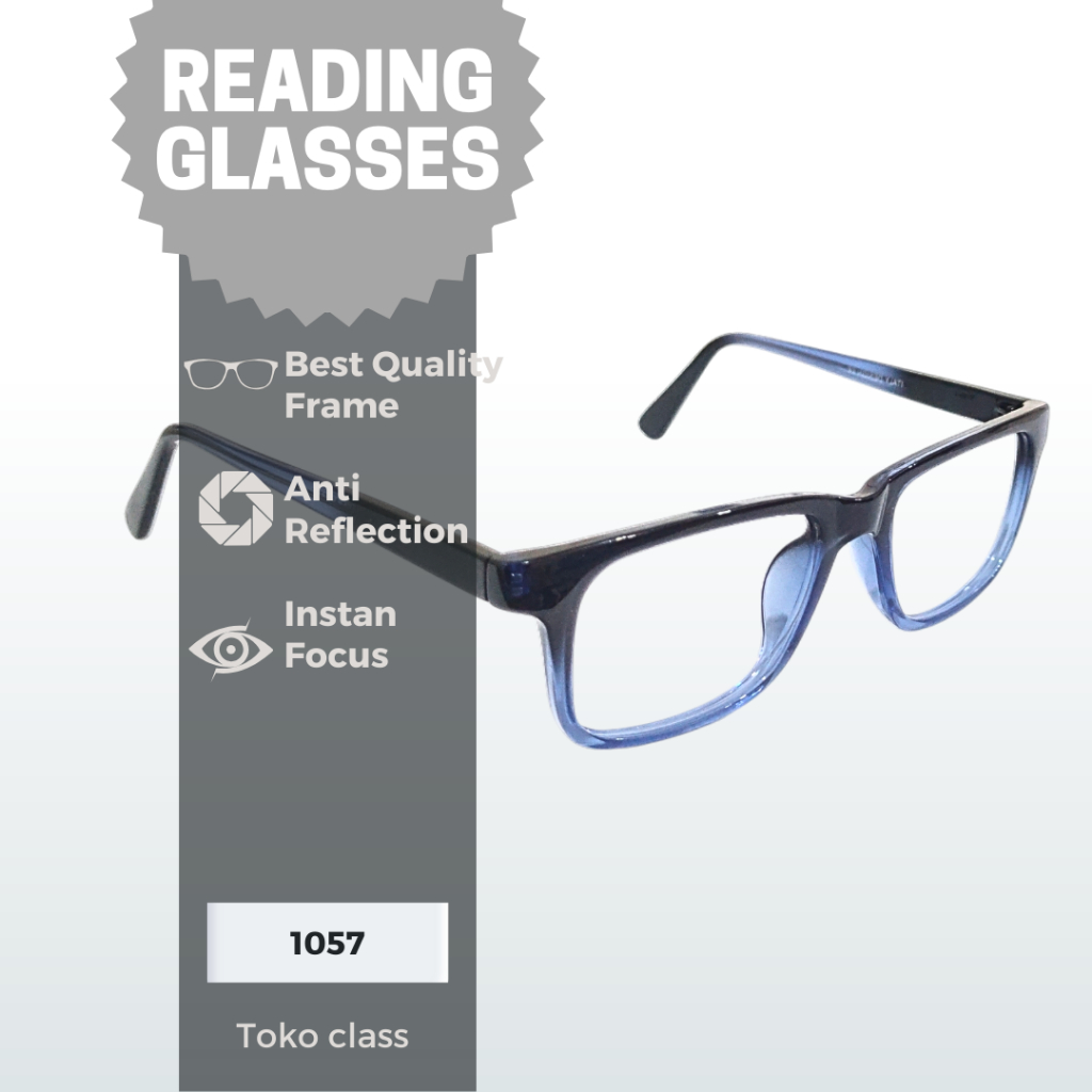 Kacamata Baca Lensa Kaca Frame 1057 Black-Blue Model Kotak Untuk Penglihatan Jarak Dekat