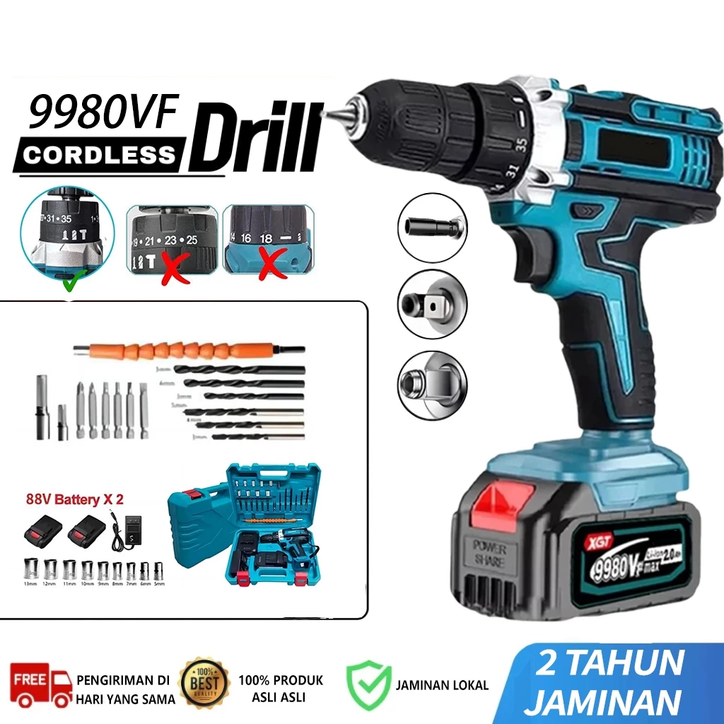 10mm bor listrik murah 9980vf Mesin bor 2baterai cas  bor tangan baterai besi tembok Beton kayu - Co