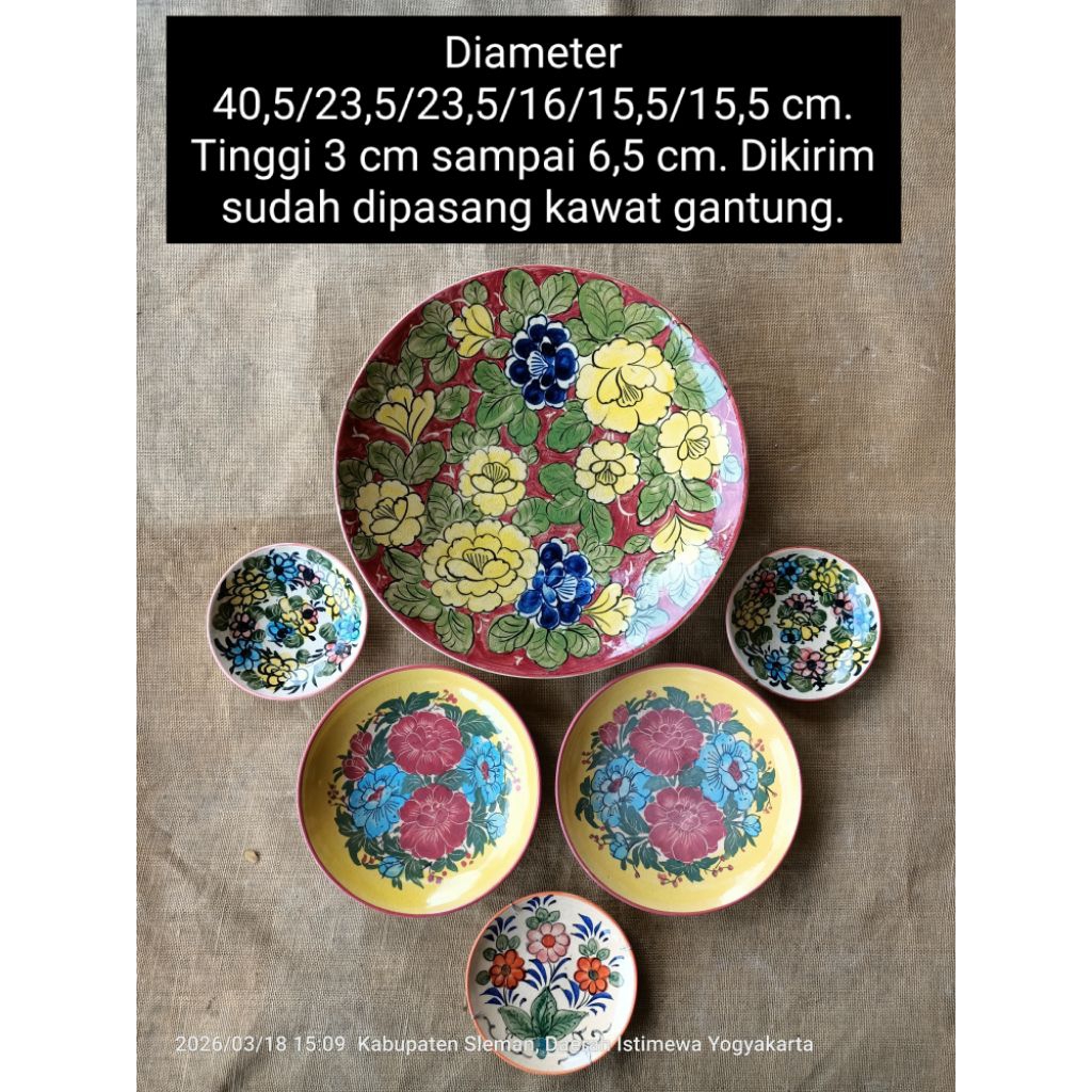 Diameter 40 cm an 23 cm an 16 cm an 15 cm an 6 buah piring gantung keramik lukis gambar bunga biru d