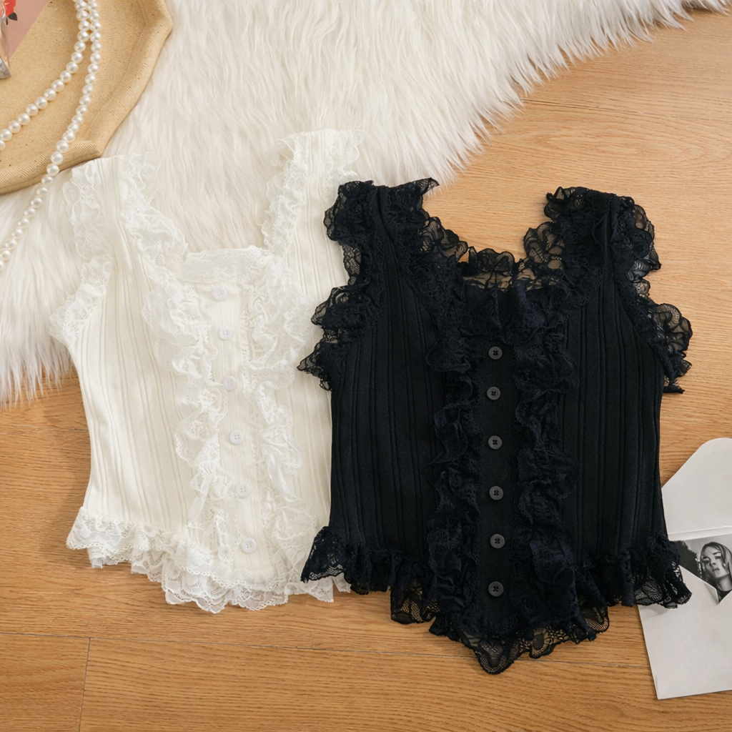 [Hallyu] Tantop Atasan Wanita Variasi Renda Rumbai Korean Style Rajut Premium | Tanktop Croptop Atas