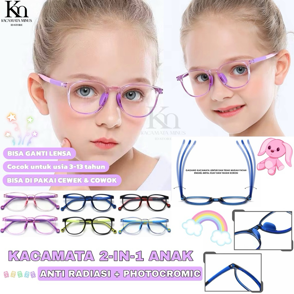 (TERBARU) (COD) | KACAMATA ANAK Paket Kacamata Anak-Anak Lensa Anti radiasi Photocromic Bluecromic B