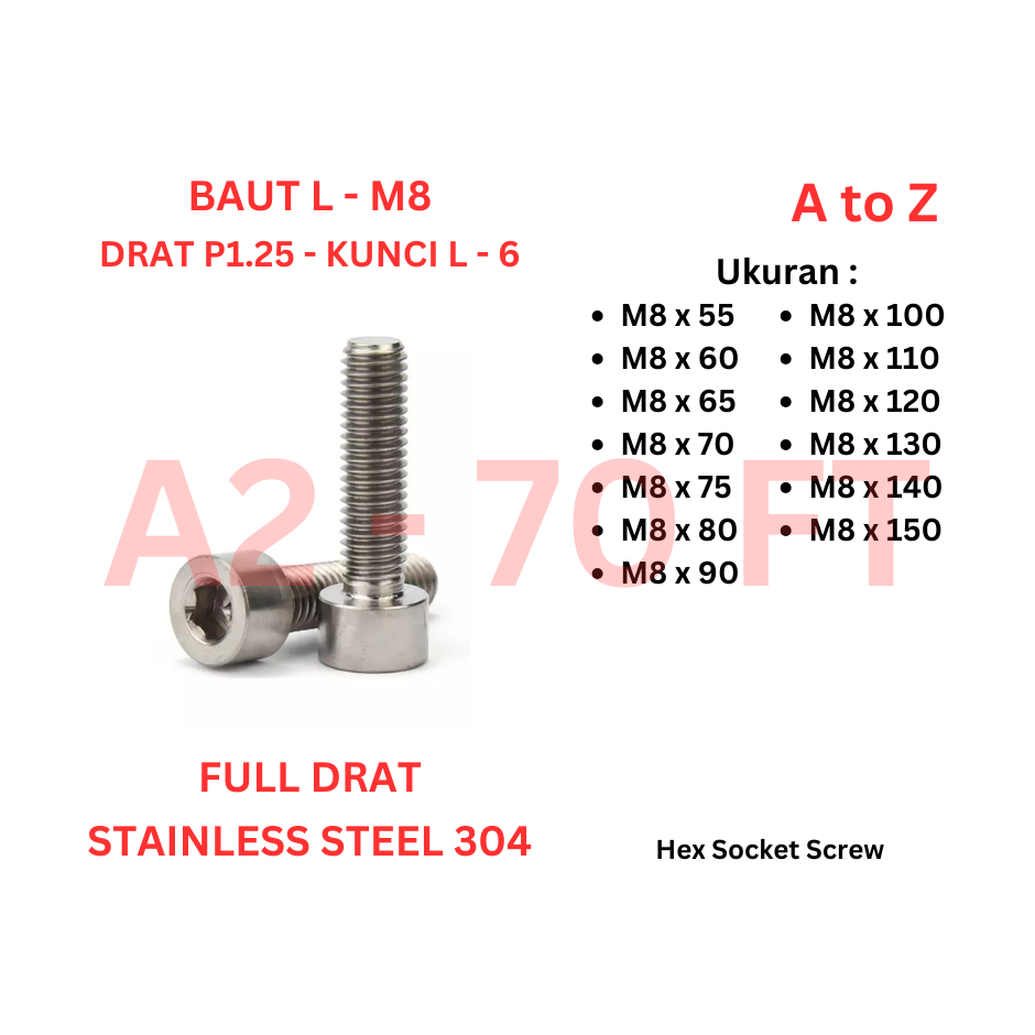 Baut L SS 304 - M8 x 55 / 60 / 65 / 70 / 75 / 80 / 90 / 100 / 110 / 120 / 130 / 140 / 150 Full Drat 