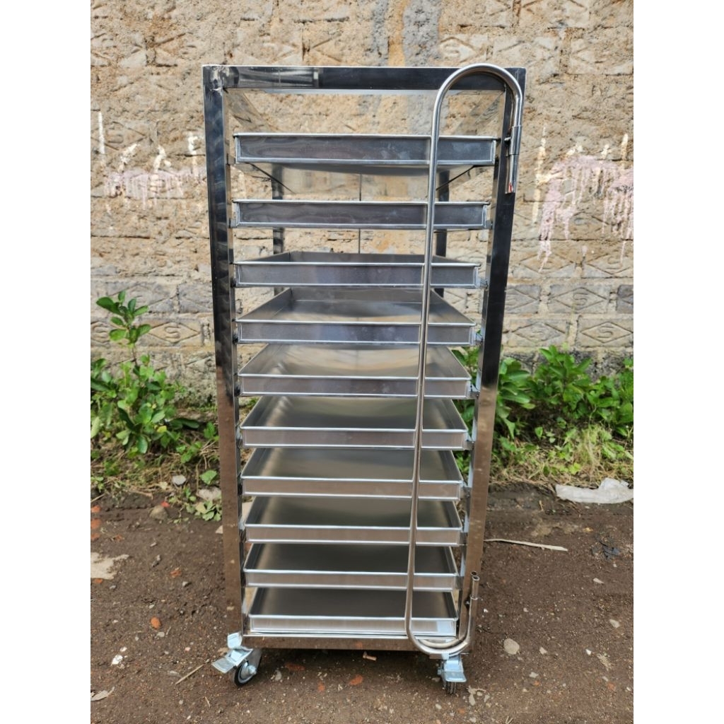 Rak troly Loyang roti 10 Susun Stainless Steel Tahan Lama 60×40 cm/troley bakery/trolley rak bakery 
