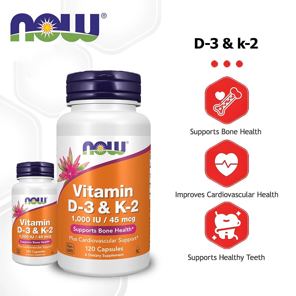 Now Vitamin D3 1000IU/K2 45mcg Vitamin D3 K2 Imunitas Tubuh Inflamasi Tulang dan Gigi 120 Capsules