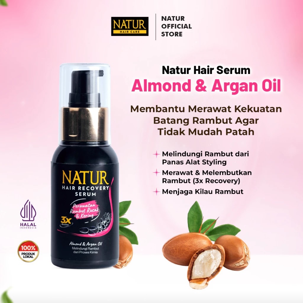 NATUR Hair Recovery Serum Almond & Argan Oil 60ml | Serum Rambut Perawatan Melembabkan Rambut Rusak 