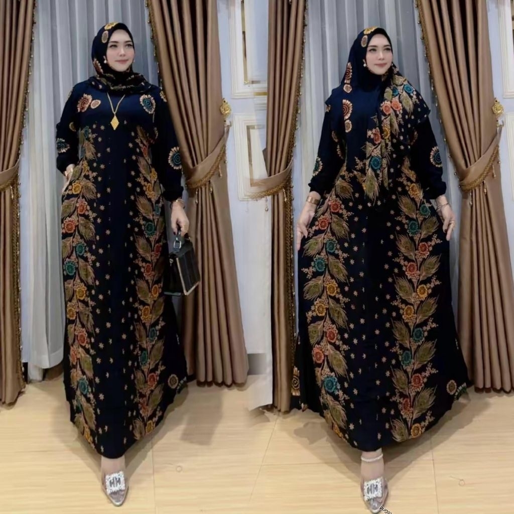 gamis dress set hijab storjoan motif batik bahan rayon tuwil