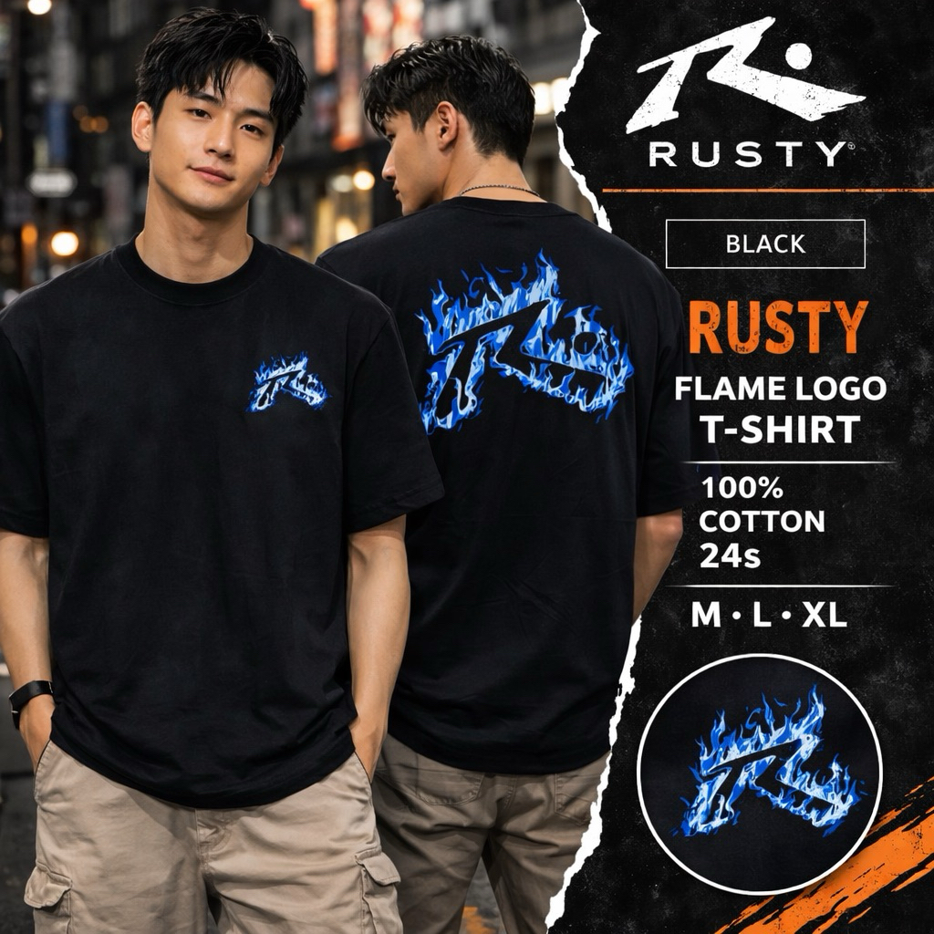 T-Shirt Premium Kaos Surfing Rusty Original Pria Hitam Graphic Api Biru Sablon Belakang Cotton 24s