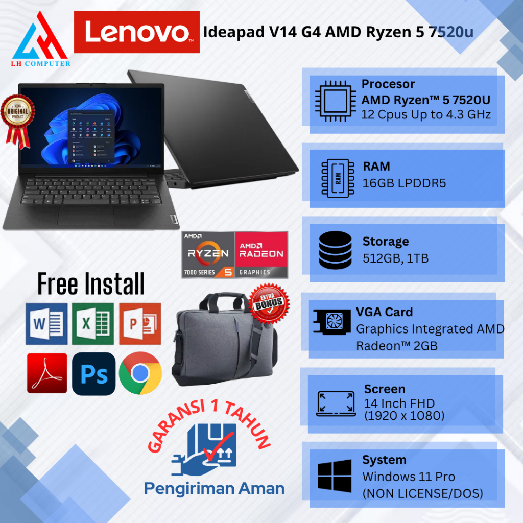 Laptop Baru Lenovo V14 G4  AMD Ryzen 5 7520U 12 Cpus Up to 4.3GHz