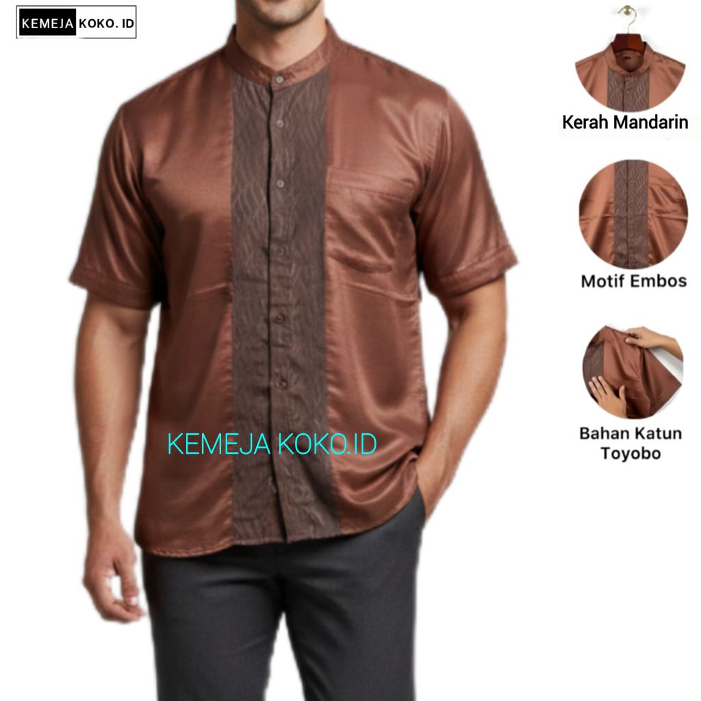 Baju Koko Pria Lengan Pendek | Baju Koko Pria Warna Mocca Gold Katun TOYOBO Premium Lengan Pendek | 